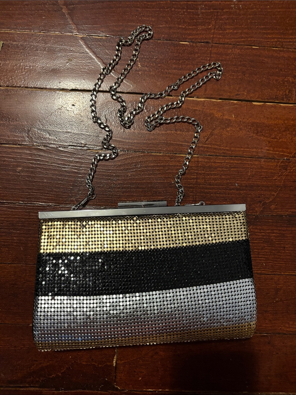 Nina Gold Black Silver Striped Sequin Evening Clutch with Chain